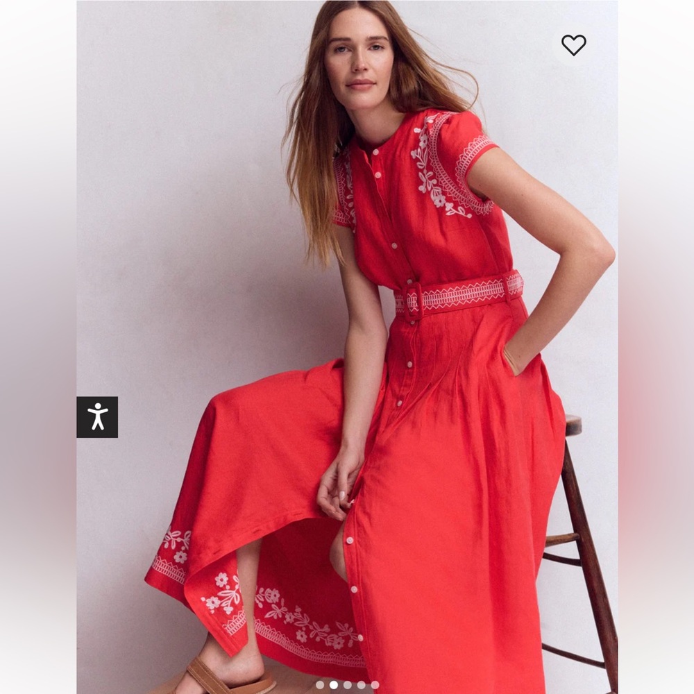 Boden Arabella Linen Blend Dress Maxi Midi pockets Red Embroidered Sz 8 Petite
